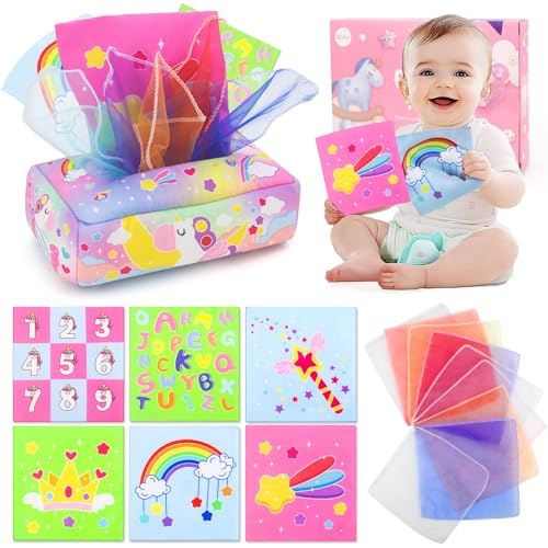 usrela Baby Spielzeug 6-12 Monate - Tissue Box Montessori Spielzeug ab 1 Jahr, Tücherbox mit Einhorn Brief Farbe Struktur Nummer, Jungen&Mädchen Frühes Lernspielzeug Baby Geschenke von usrela