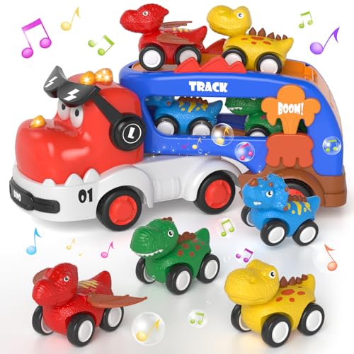 usrela Dinosaurier Transporter LKW Spielzeug Autos für Jungen 2 3 4 5, 5 in 1 Dinosaurie Kleinkinder LKW Spielzeug mit Licht und Musik, Kinderspielzeug Weihnachten Geburtstag für 3 4 5 Jungen von usrela