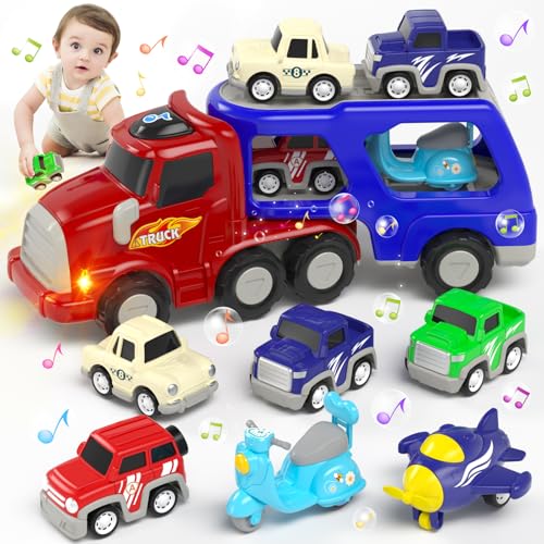 usrela Spielzeug Auto für 3 4 5 Jahre Jungen, LKW Auto Spielzeug mit 6 Pull Back Auto Spielzeug, 7 in 1 Carrier Transporter mit Licht Musik, Geschenk für Kleinkinder Spielzeug Geburtstag Weihnachten von usrela