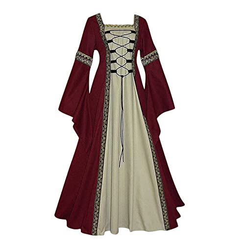 uxxnjfg Generic Kostüm Halloween Damen Nonne Hexen Wikinger Langarm Kleidung Renaissance Fasching Victorian Fasching Kostüme Märchen Böse Trachten Mittelalter Kleidung Wein 4XL von uxxnjfg