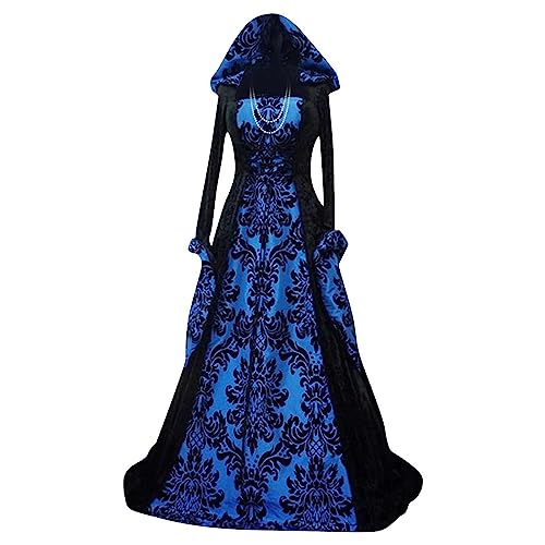 uxxnjfg Generic Mittelalter Kleidung Damen Königin Fee Braut Mit Kapuze Glockenärmel Faschingskostüme Barock Renaissance Gothic Kostüm Lustige Märchen Große Größen Mittelalter Kleid Blau L von uxxnjfg