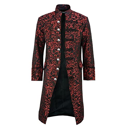 uxxnjfg Herren Gothic Steampunk Frackjacke Vintage Mittelalter Kleid Vampir Wikinger Pirat Langarm Kleid Halloween Kostüm Herren Trachten Große Größen Kostüm Fasching Rave Festival Outfit Rot 4XL von uxxnjfg