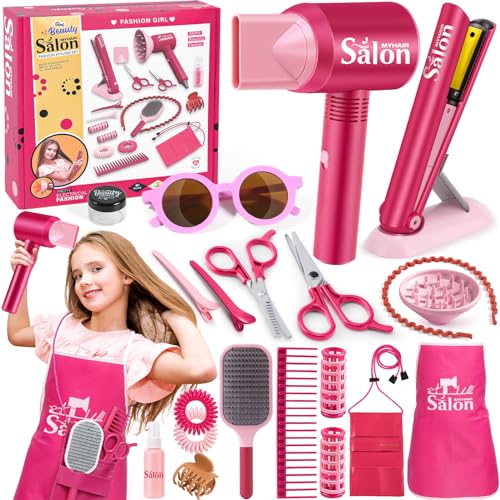 Vamei Friseur Set Kinder Frisierkopf Kit Haartrockner Glätteisen Haarbürste Schürze und Haarstyling Zubehör Rollenspiel Kinderschminke Spielzeug Geburtstag Geschenk für Mädchen ab 3 4 5 6 7 8 9 Jahre von vamei