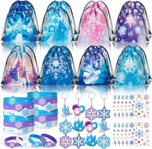 48 Stück Frozen Party Mitgebsel Mädchen mit Kordelzug Beutel Schneeflocke Armband Siliko Schnapparmband Aufklebe für Elsa Geburtstagsdeko Prinzessin Give Aways Frozen Kindergeburtstag Gastgeschenke von vamei