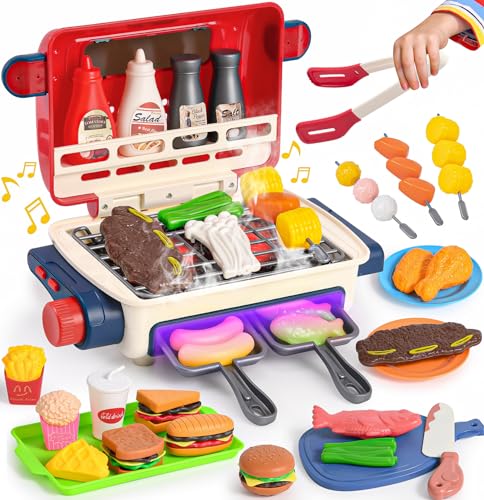 Vamei Kindergrill Spielzeug BBQ Grill Set mit Licht Sound Sprühen Lebensmittel Spielzeug Kinderküche Zubehör Kinderspielküche Barbecue Spielzeug Geschenk Kinder Mädchen Jungen 3 4 5 6 + Jahren von vamei