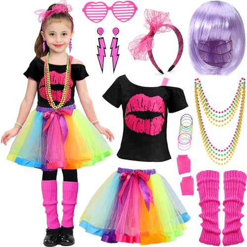 80er Jahre Outfit für Kinder Mädchen 80er Jahre Accessoires 80er Kleidung Perücke T-Shirt Tutu Haarreifen Neon Ohrringe Halskette Armband Beinlinge Netzhandschuhe Brille 80er Kostüm für Kinder Mädchen von vamei