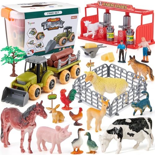 Atoylink Bauernhof Tiere Figuren Spielzeug ab 3 Jahre mit Traktor Spielzeug mit Anhänger, 12 Tierfiguren Set Zaun Kuhstall Mähdrescher Spielzeug, Bauernhof Kinder Spielzeug Geschenk 3 4 5 6 Jahre von vamei