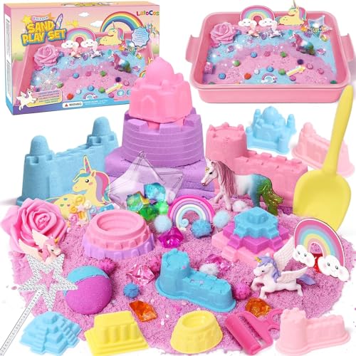 Sensorik Spielzeug Magic Sand Sandbox Set Geschenke für Mädchen Einhorn Spielsand Koffer Strandwerkzeuge Sensorisch Sandspielzeug Zaubersand Einhorn Geschenk für Mädchen Kinder 3 4 5 6 7 8 Jahre von vamei