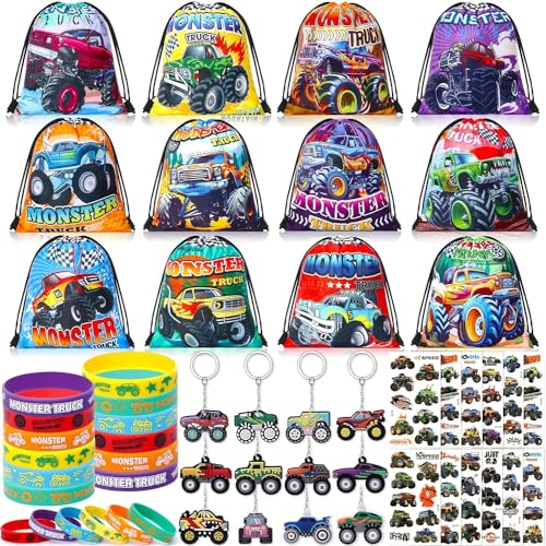 Monstertruck Mitgebsel Kindergeburtstag 6 7 8 9 10 Jahre, Monstertruck Give Aways Kindergeburtstag Party-Mitgebsel mit Monster Truck Kordelzugbeutel Silikon Armband Schlüsselbund Mitbringsel Jungen von vamei