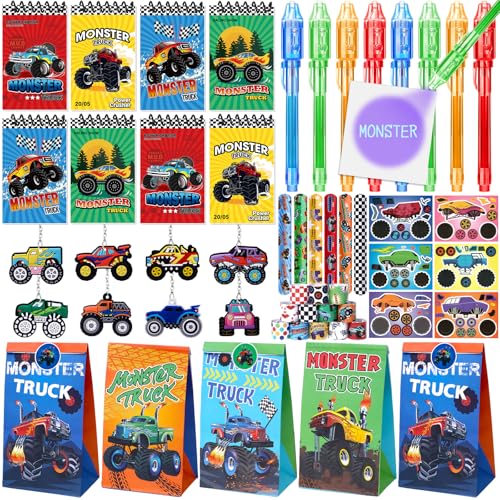 Monstertruck Mitgebsel Kindergeburtstag 6 7 8 9 10 Jahre, Give Aways Gastgeschenk Kindergeburtstag Monster Truck Notizbuch UV Stift Schlüsselanhänger Partytüten Party Mitbringsel Junge Pinata Füllung von vamei