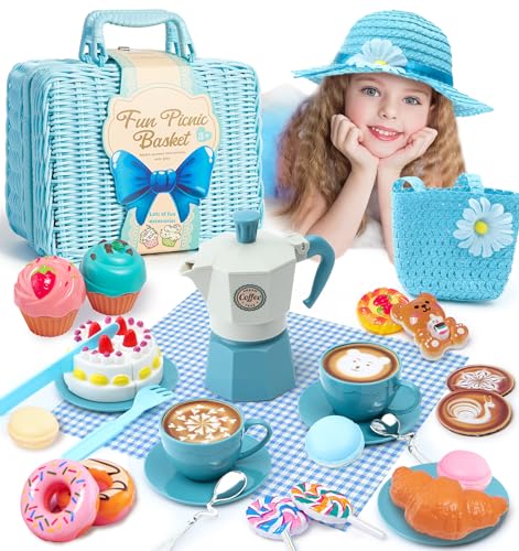 Picknickkorb Kinder Teeservice Kinderküche Zubehör mit Picknick Tischdecke Kaffeemaschine Puppengeschirr Teeparty Dessert Tragekoffer Rollenspiel Spielzeug Geschenk für Jungen Mädchen 3 4 5 6 Jahre von vamei