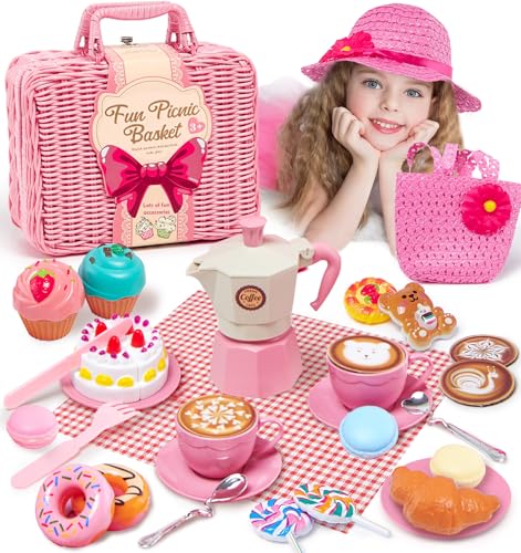 Picknickkorb Kinder Teeservice Kinderküche Zubehör mit Picknick Tischdecke Kaffeemaschine Puppengeschirr Teeparty Dessert Tragekoffer Rollenspiel Spielzeug Geschenk für Jungen Mädchen 3 4 5 6 Jahre von vamei