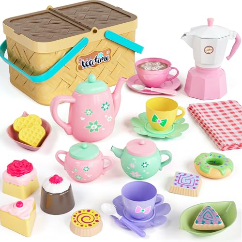 Picknickkorb Kinder Teeservice Spielküche Zubehör mit Picknick Tischdecke Kaffeemaschine Tee Set Dessert Tragekoffer Kindergeschirr Rollenspiel Spielzeug Geschenk für Jungen Mädchen 3 4 5 6 Jahre von vamei