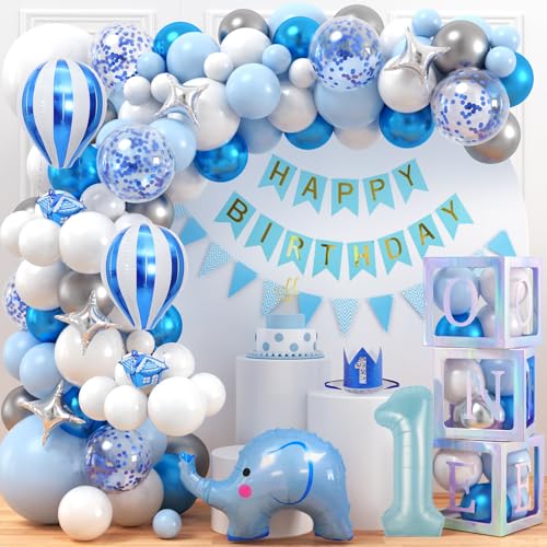 Vamei 1.Geburtstag Jungen Baby Shower Deko Box 104 Stück Blau Elefant Luftballons Girlande Baby Box ONE Ballonbox 1. Geburtstag Luftballons Kindergeburtstag Gender Reveal Babyparty Dekoration Junge von vamei