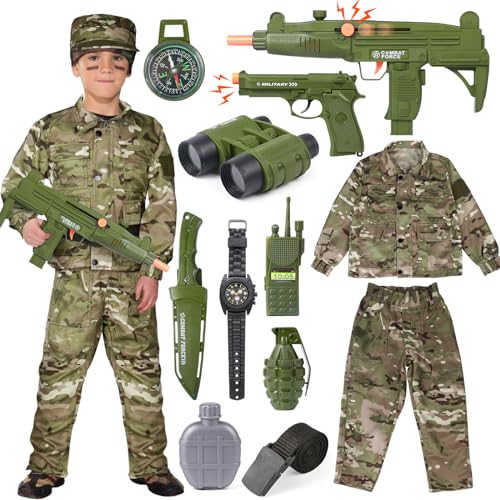 Vamei 13stk. Militär Kostüm Kinder Armee Uniform Soldaten Kostüm für Kinder Armee Kostüm Militär Anzug Kinder mit Walkie-Talkie Maschinenpistole Militärspielzeug Tarnmütze für Kinder Junge 10-11 Jahre von vamei