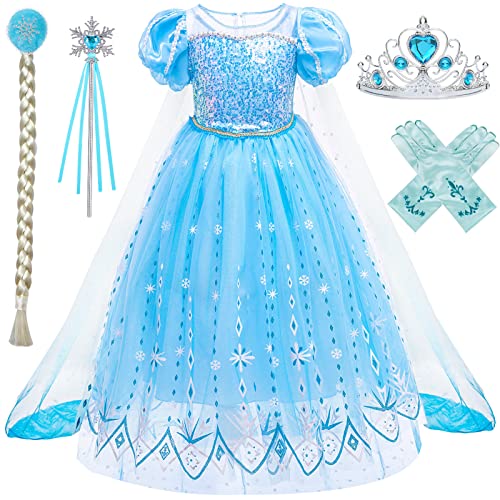 Vamei Elsa Kostüm Mädchen Elsa Kleid Mädchen Eiskönigin Kleid Elsa Prinzessin Kleid mit Elsa Kleid Krone Diadem Handschuhe Zauberstab für Karneval Geburtstagsfeier Geburtstag Mädchen 4 5 6 7 8 9 Jahre von vamei