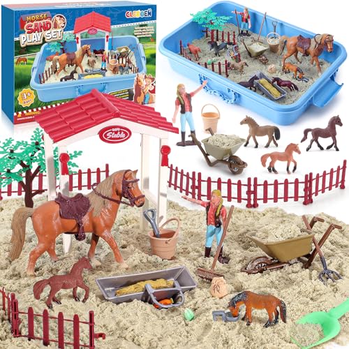 Vamei Pferd Bauerhof Spielsand Spielzeug Magic Sand Koffer mit Knetsand, Pferdestall, Pferdefiguren, Sensorisch Sandspielzeug Spielsand Zaubersand Pferd Spielzeug Geschenk Kinder Jungen Mädchen von vamei