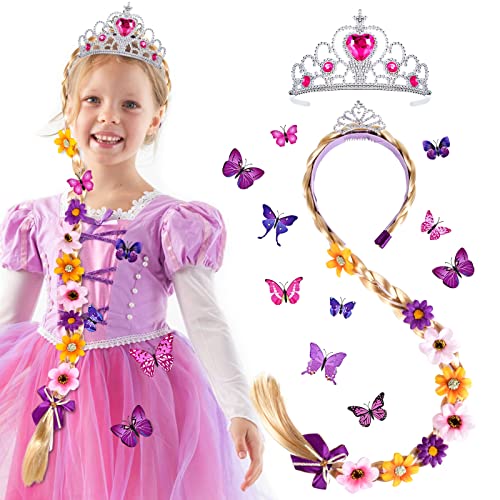 vamei Prinzessin Perücke Kinder Haarreif Prinzessin Zopf Stirnband mit Kaiserkrone Schmetterling Pin Badge Prinzessinnen Cosplay Perücke Zubehör für Kinder Mädchen Halloween Karneval Maskerade von vamei