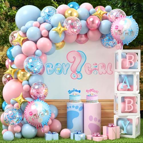 vamei 159Stk Gender Reveal Party Deko Babyparty Deko Ballon Box Blau Rosa Luftballon Girlande, 4 Stück Baby Boxen Deko mit BABY und 26 Buchstaben Boy or Girl Gender Reveal Ballon für Baby Shower Deko von vamei