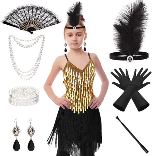 vamei 20er Jahre Kostüm Mädchen Charleston Kleid 20er Jahre Flapper Kleid Kinder Gatsby Accessoires mit Perlenkette und Feder Stirnband Pailettenkleider Faschingskostüme Kinder (120) von vamei