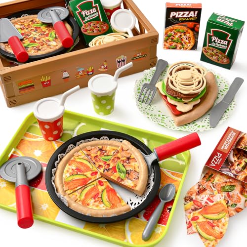 vamei 48 PCS Kinderküche Spielküche Zubehör mit Pizza Fastfood Set Geschirr Küchenzubehör Kinder Kaufmannsladen Kaufladen Zubehör Rollenspiele Geschenk Spielzeug für Mädchen Jungen ab 3 4 5 6 Jahren von vamei