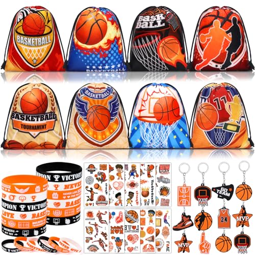 vamei 48 Stk Basketball Mitgebsel Kindergeburtstag Basketball Party Mitgebsel Jungen Gastgeschenk mit Rucksack mit Kordelzug Schlüsselanhänger Tattoo Aufkleber Schnapparmband Give Aways für Kinder von vamei