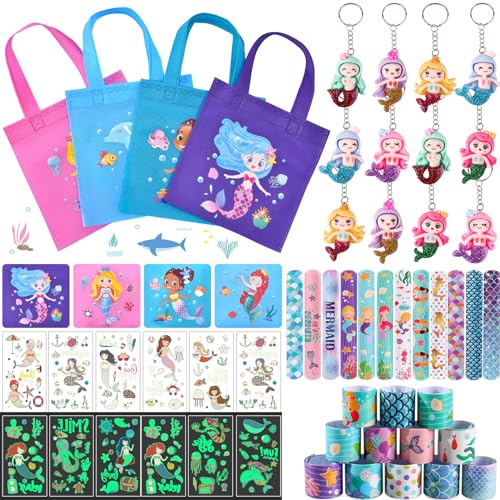 vamei 48STK Meerjungfrau Party Mitgebsel Kindergeburtstag Mädchen, Meerjungfrau Slap Armbänder Meerjungfrau Thema Non Woven Taschen Meerjungfrau Tätowierungen für Give Aways Kindergeburtstag Mädchen von vamei