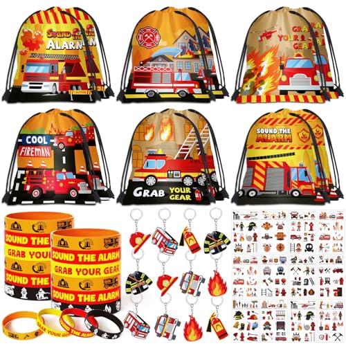 vamei 48Stk Feuerwehrmann Mitgebsel Kindergeburtstag Gastgeschenke mit Kordelzug Turnbeutel Kinder Schlüsselanhänger Silikonarmband Tattoos Geschenktüten Partytüten Give Aways für Junge von vamei