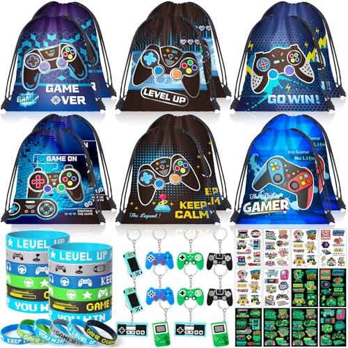 vamei 48Stk Videospiel Mitgebsel Kindergeburtstag Junge mit Kordelzugbeutel Turnbeutel Schlüsselanhänger Silikonarmband Tattoo Geschenktüten Gamer Geburtstag Gastgeschenke Give Aways für Kinder von vamei