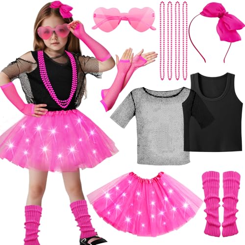 vamei 80er Jahre Outfit Kinder Mädchen 80er Jahre Kostüm Accessoires Kleidung LED Tutu Rock Kurze Netzärmel Ohrringe Halskette Beinlinge Netzhandschuhe Aerobic Rosa Party Dress up für Mädchen (L) von vamei