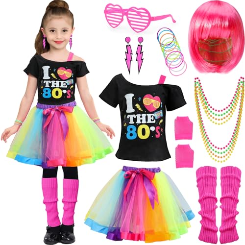 vamei 80er Jahre Outfit für Kinder Mädchen 80er Jahre Accessoires 80er Kleidung mit Perücke T-Shirt Tutu Neon Ohrringe Halskette Armband Beinlinge Netzhandschuhe Brille 80er Kostüm für Kinder (S) von vamei