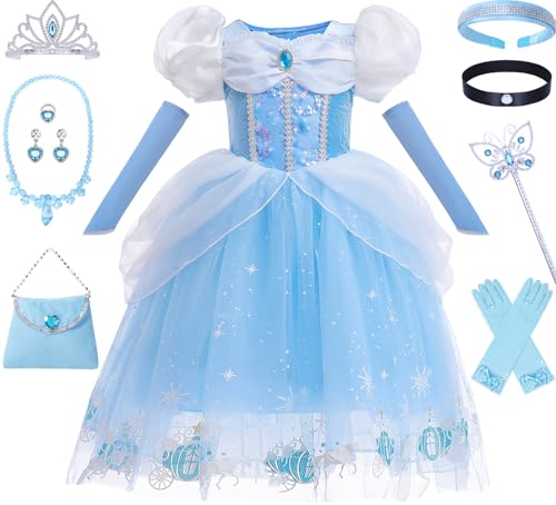 vamei Aschenputtel Kleid für Mädchen Prinzessin Cinderella Kostüm Kinder Fasching Verkleidung mit Zubehör Karneval Halloween (104-110) von vamei