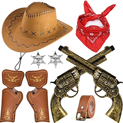 vamei 9 Stk Cowboy Kostüm Zubehör Kinder Jungen Cowboyhut Bandanna Metallabzeichen Gürtel Holster Western Cowboy Set Kostüm für Karneval Cosplay Halloween Party Dress Up von vamei