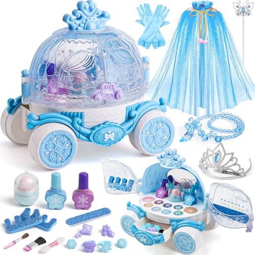 vamei Elsa Eiskönigin Spielzeug Mädchen Kinderschminke Set & Prinzessin Umhang & Frozen Schneeschmuck Zubehör, Schminkkoffer Mädchen Frozen Spielzeug Geburtstag Geschenke für Mädchen 3 4 5 6 7 8 Jahre von vamei