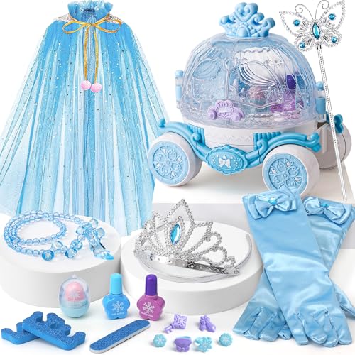 vamei Elsa Eiskönigin Spielzeug Mädchen Kinderschminke Set & Prinzessin Umhang & Frozen Schneeschmuck Zubehör, Schminkkoffer Mädchen Frozen Spielzeug Geburtstag Geschenke für Mädchen 3 4 5 6 7 8 Jahre von vamei