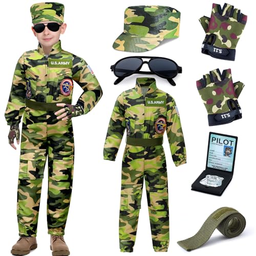 vamei Kampfjet Pilot Kostüm Kinder Jungen Mädchen Camouflage Grün Flieger Kostüm mit Kappe Handschuhe Sonnenbrille Jetpilot Kostüm Kinder Jumpsuit für Karneval Kostüm Fasching Kostüm Kinder von vamei