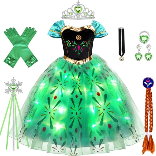 vamei LED Anna Kostüm für Mädchen Prinzessin Kleid Mädchen Anna Kleid mit Perücke Krone Handschuhe Verkleidung für Geburtstag Party Weihnachten Halloween Karneval (140) von vamei