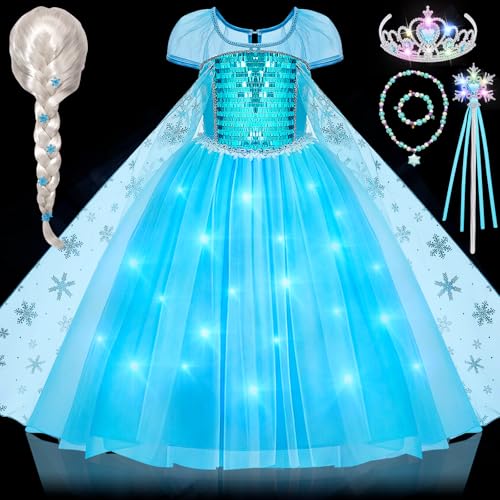 vamei LED Leuchtend Elsa Prinzessin Kleid Mädchen Eiskönigin Kostüm mit Elsa Zauberstab Krone Perücke Halskette Schmuck Faschingskostüme Weihnachten Geburtstag Halloween Kostüm Kinder (100) von vamei