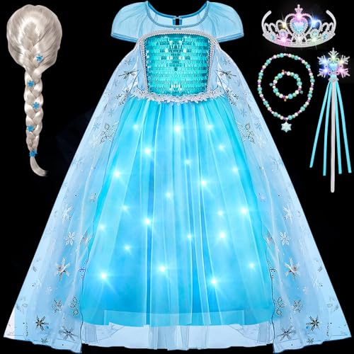 vamei LED Leuchtend Elsa Prinzessin Kleid Mädchen Eiskönigin Kostüm mit Elsa Zauberstab Krone Perücke Halskette Schmuck Faschingskostüme Weihnachten Geburtstag Halloween Kostüm Kinder (110) von vamei