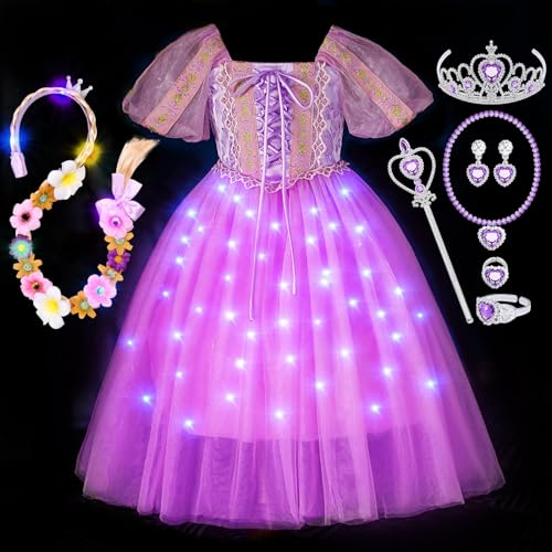 vamei LED Rapunzel Kostüm für Mädchen Prinzessin Kleid Mädchen Rapunzel Kleid mit Perücke Krone Verkleidung für Geburtstag Party Weihnachten Halloween Karneval (100) von vamei