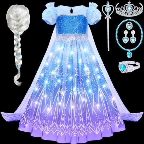 vamei Leuchtend Elsa Eiskönigin Kostüm Mädchen LED Elsa Kleid Prinzessin Kleid Mädchen mit Elsa Perücke Krone Handschuhe Zauberstab für Geburtstag Karneval Halloween Verkleidung 2 3 4 5 6 7 Jahre von vamei