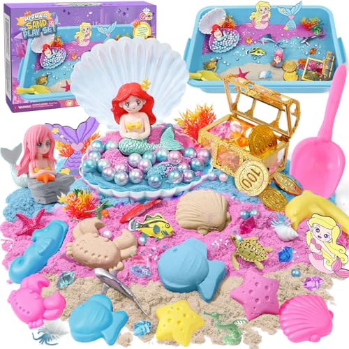 Vamei Sensorik Spielzeug Magic Sand Spielset für Kinder mit Sensorik Wanne/Formen/Figuren/Zaubersand/Holz zum Bemalen Meerjungfrau Thema Toys Sensory Play Lernspielzeug Geschenke für Mädchen Kinder 3+ von vamei