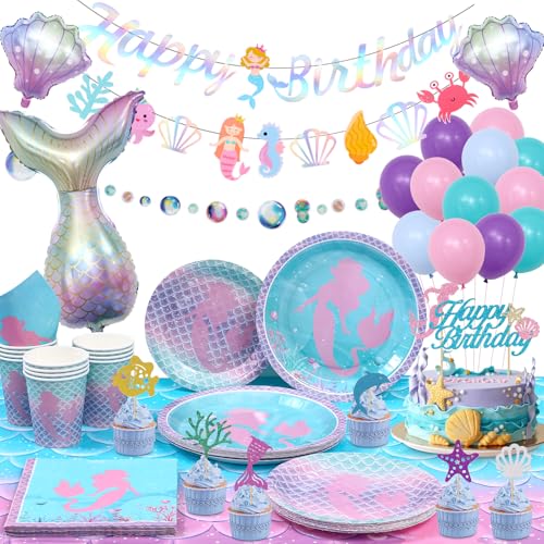 vamei Meerjungfrau Geburtstag Deko Meerjungfrau Partygeschirr Set Meerjungfrau Kindergeburtstag Deko mit Luftballons Tischdecke Pappgeschirr Pappteller Cupcake Topper für 16 Gäste von vamei