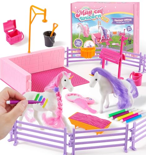 vamei Pferdestall Pferde Spielzeug Mädchen Geschenk 3 4 5 6 7 8 9 10 Jahre, Horse Stable mit Waschbare Pferde Figuren, Stifte, Pferdezaun & Waschbereich, Pferde Spielzeug Geschenk für Kinder Mädchen von vamei