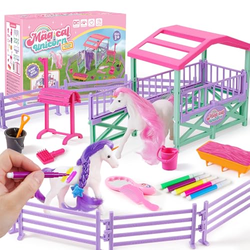 vamei Pferde Pferdestall Spielzeug Mädchen Geschenk 3 4 5 6 7 8 9 10 Jahre, Horse Stable mit Waschbare Pferde Figuren, Stifte, Pferdezaun,Fütterung, Pferde Spielzeug Geschenk für Kinder Mädchen von vamei