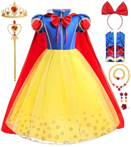 vamei Schneewittchen Kostüm Kinder Prinzessin Kleid Mädchen Schneewittchen Kleid mit Umhang Krone Handschuhe Zauberstab Verkleidung für Geburtstag Party Weihnachten Halloween Karneval (100) von vamei