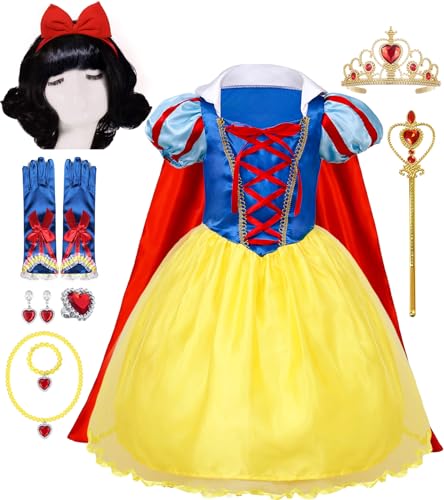 vamei Schneewittchen Kostüm Kinder Prinzessin Kleid Mädchen Schneewittchen Kleid mit Umhang Perücke Krone Handschuhe Verkleidung für Geburtstag Party Weihnachten Halloween Karneval (110) von vamei