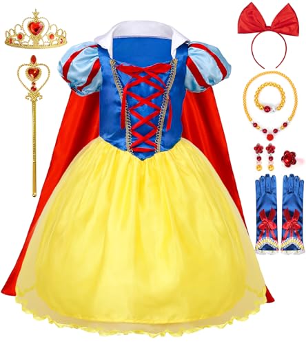 vamei Schneewittchen Kostüm Kinder Schneewittchen Kleid Mädchen mit Prinzessin Krone Zauberstab Ring Ohrringe Zubehör Prinzessin Kleid Mädchen für Karneval Geburtstag Mädchen2 3 4 5 6 7 8 9 10 Jahre von vamei