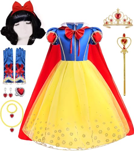 vamei Schneewittchen Kostüm Kinder Schneewittchen Kleid Mädchen mit Prinzessin Perücke Krone Ring Ohrringe Zubehör Prinzessin Kleid Mädchen für Karneval Geburtstag Mädchen2 3 4 5 6 7 8 9 10 Jahre von vamei