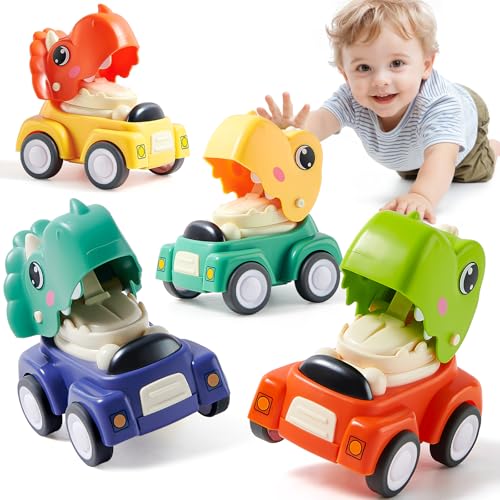 vamei Spielzeugautos ab 1 Jahr, Dinosaurier Baby Auto Spielzeug, 4 Stück Press and Go Aufziehauto Kinder Spielzeug, Dinosaurier Spielfahrzeug Set Geschenke für Kinder Junge Mädchen ab 1 2 Jahr von vamei